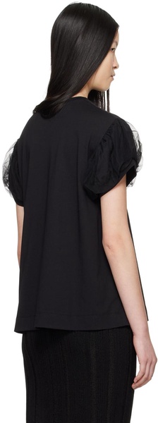 Black Tulle Overlay Puff Sleeve T-Shirt