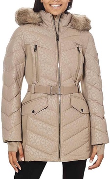 women's logo lepaord belted hood puffer coat taupe