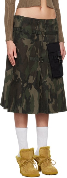 Khaki Camouflage Cargo Pocket Kilt Midi Skirt