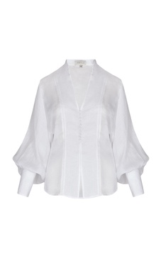 Rocas Del Mar Puff-Sleeve Linen Blouse