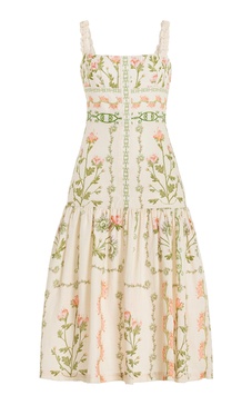 Nispero Embroidered Floral Linen Midi Dress