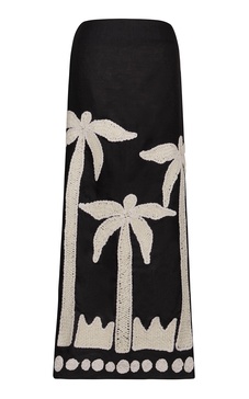 Feliz Aguaro Embroidered Linen-Blend Midi Skirt