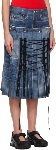 Blue Trompe L'œil Pleats Midi Skirt