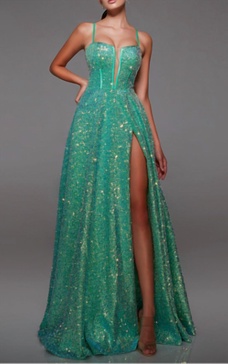 a-line sequin long gown in green