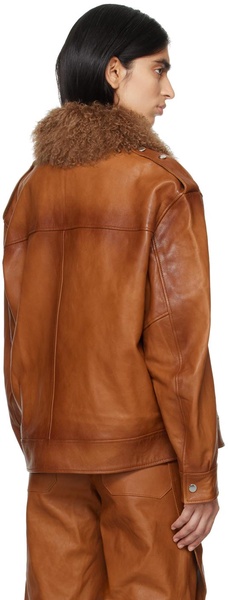 Brown Detachable Collar Leather Jacket