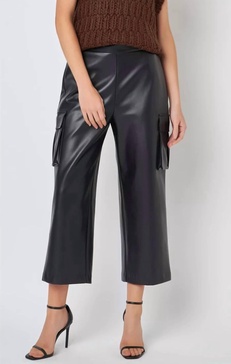 faux leather cropped cargo pants in black