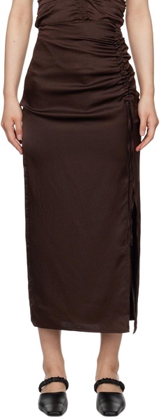 Brown Ruched Midi Skirt