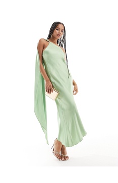 Mango one shoulder drape satin midi dress in light green