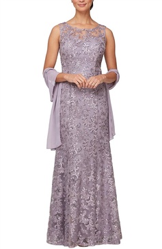 sleeveless illusion neck embroidered gown in lavender