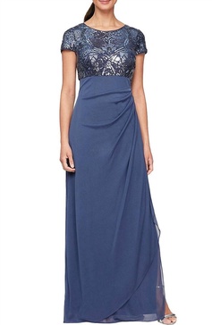 long empire sequin side ruffle gown in blue