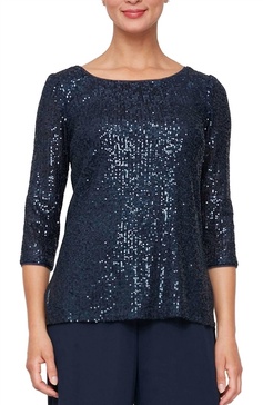 sequin 3/4 sleeve blouse with side slit detail in navy