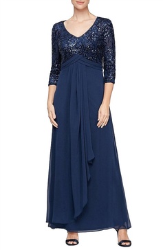 stretch floral sequin mesh empire waist gown in royal blue