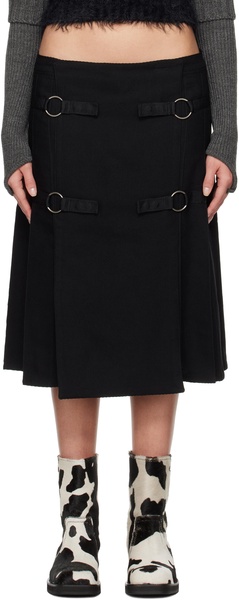 Black Twill Wool Kilt Midi Skirt