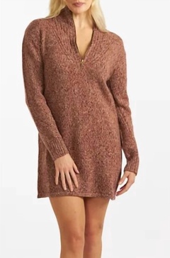 marled wool cashmere half zip sweater dress in brown