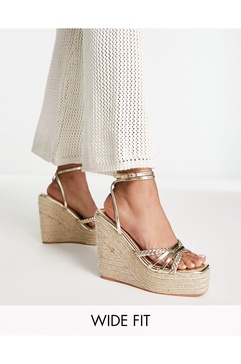 Simmi London Wide Fit Fabiana espadrille wedge sandals in gold