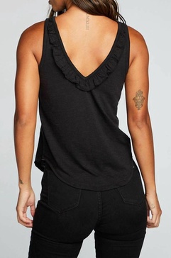 slub jersey deep ruffle v back tank in true black