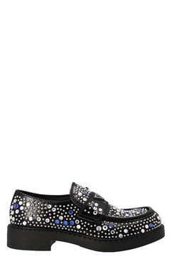 PRADA Black Leather Loafers with Rhinestone Embellishments for Men