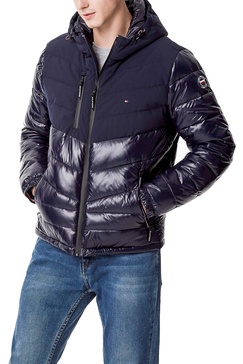 Tommy Hilfiger Men's Heavyweight Chevron Quilted Performance Hooded Puffer Jacket