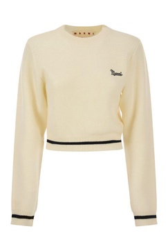 MARNI Women's White Wool Sweater with Balloon Sleeves and Embroidered Logo