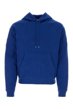 SAINT LAURENT Navy Blue Logo-Embroidered Cotton Hoodie for Men - FW23