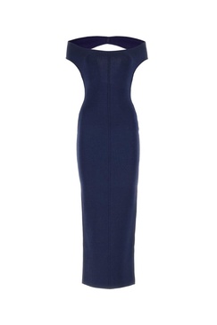 Blue stretch wool blend long dress