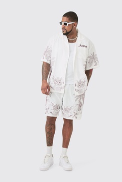 Plus Drop Revere Seersucker Embroidered Floral Shirt & Short Set