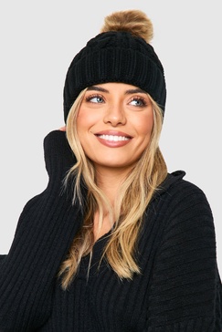 Cable Knit Faux Fur Pom Beanie