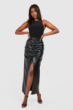 Ruched Faux Leather Split Maxi Skirt