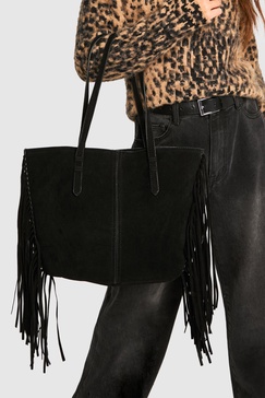 Faux Suede Fringed Shopper Tote Bag