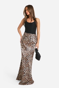 Leopard Print Satin Bias Maxi Skirt