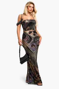 Crushed Mesh Peacock Feather Printed Maxi Skirt