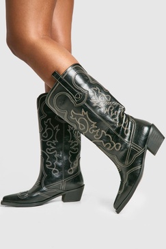 Vintage Look Calf Detail Embroidered Western Cowboy Boots