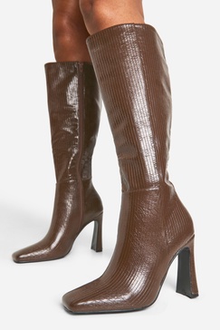 Square Toe Flared Heel Knee High Boots