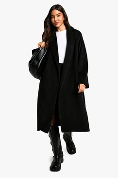 Faux Leather Belt Wool Look Coat