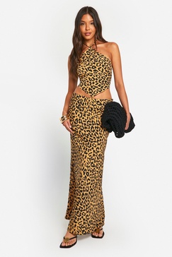 Leopard Print Halter Crop & Flared Maxi Skirt