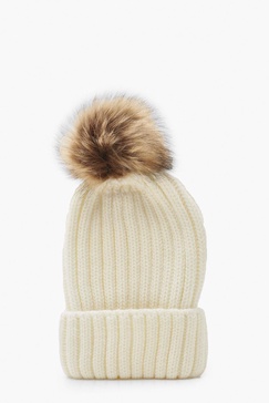 Rib Knit Beanie With Large Faux Fur Pom