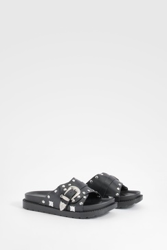 Western Detail Buckle Footbed Slides