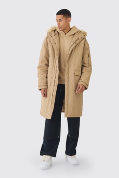 Oversized Twill Parka With Faux Fur Hood Trim In Tan