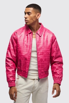 Boxy Dollar Print PU Bomber Jacket In Pink