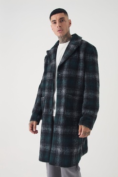 Tall Relaxed Fit Single Breasted Check Overcoat In Green