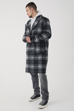 Tall Relaxed Fit Single Breasted Check Overcoat In Black