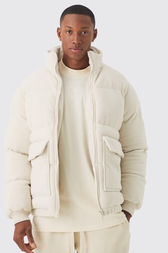 Fleece Funnel Neck Puffer Coat In Ecru