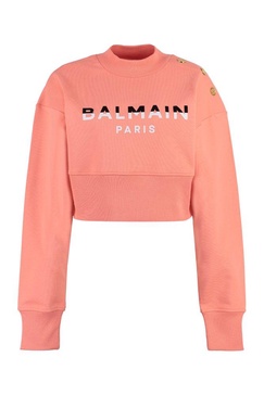 BALMAIN Cropped Coral Velvet Sweatshirt with Embellished Buttons