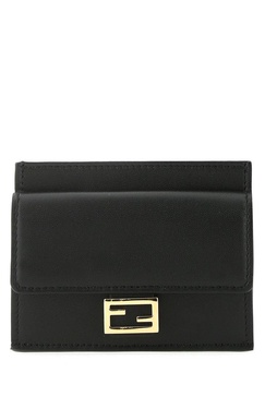 Fendi Woman's Black Leather Card Holder with Logo Buckle