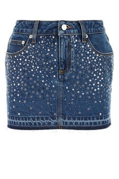 Alessandra Rich Embellished Frayed Hem Denim Mini Skirt