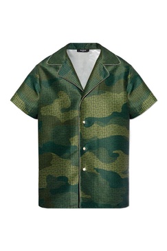 Balmain Camouflage Monogrammed Shantung Short-Sleeved Shirt