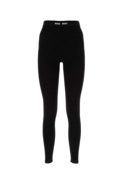 Miu Miu High Waist Logo Band Ribbed Leggings