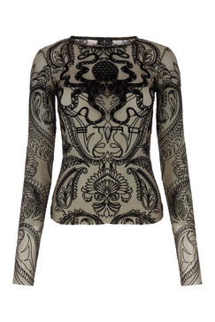 Etro Polpo-Flocked Long-Sleeved Tulle Top