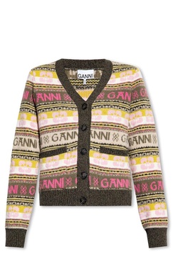 Ganni Logo Intarsia Straight Hem Knitted Cardigan