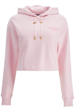 Balmain Flocked Logo Cropped Hoodie